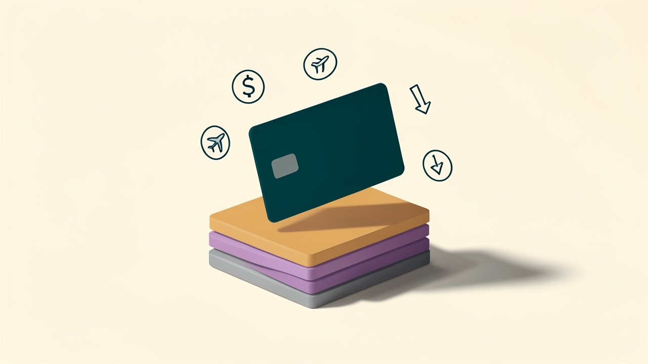 A clean, minimalist illustration of a credit card hovering above a stylized stack of different card types, with floating icons for cash back, travel, and low interest.