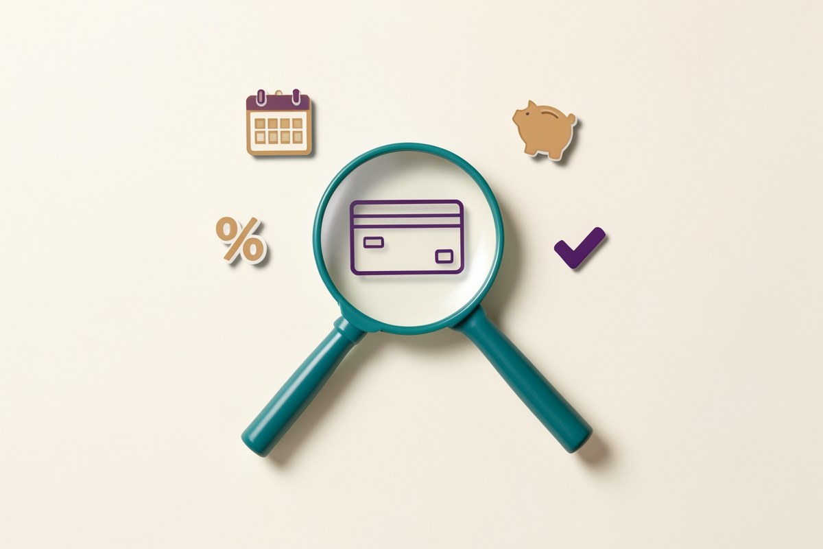 An educational flat-lay of a magnifying glass over a diagram of a credit card, with question marks and key terms iconography.