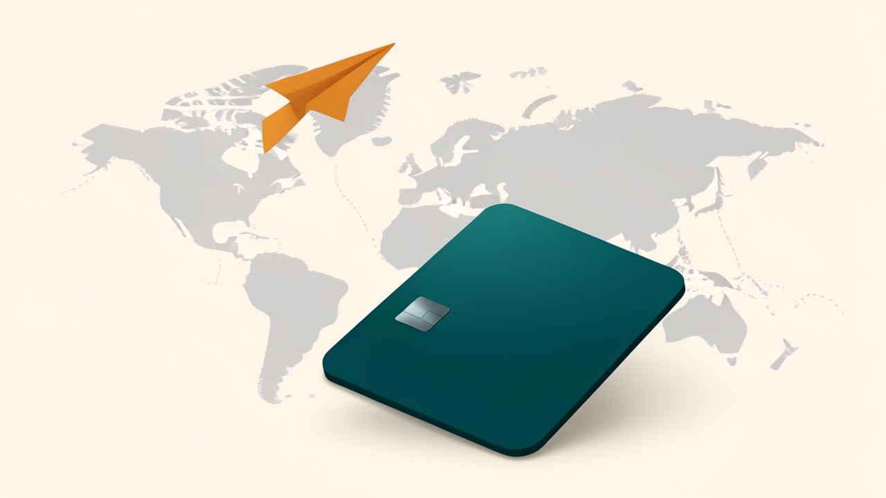 A stylized illustration of a credit card with a paper airplane flying over a stylized world map.