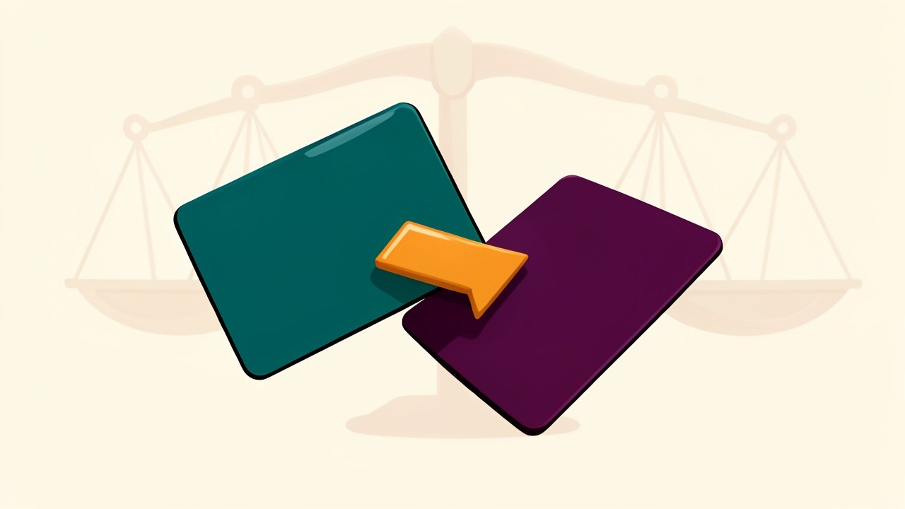 A stylized illustration of two credit cards with an arrow moving a balance from one to the other, with a seesaw in the background.