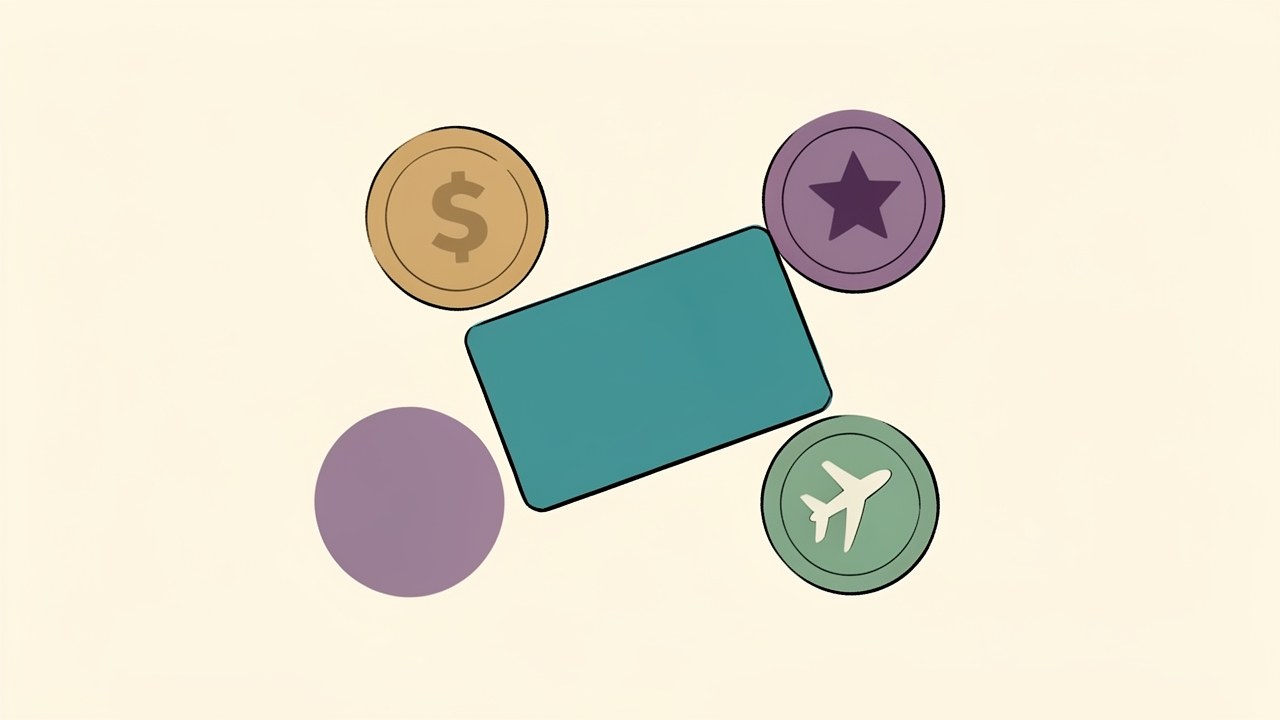 A stylized illustration of a credit card with icons of a dollar sign, a star, and an airplane, representing different reward types.