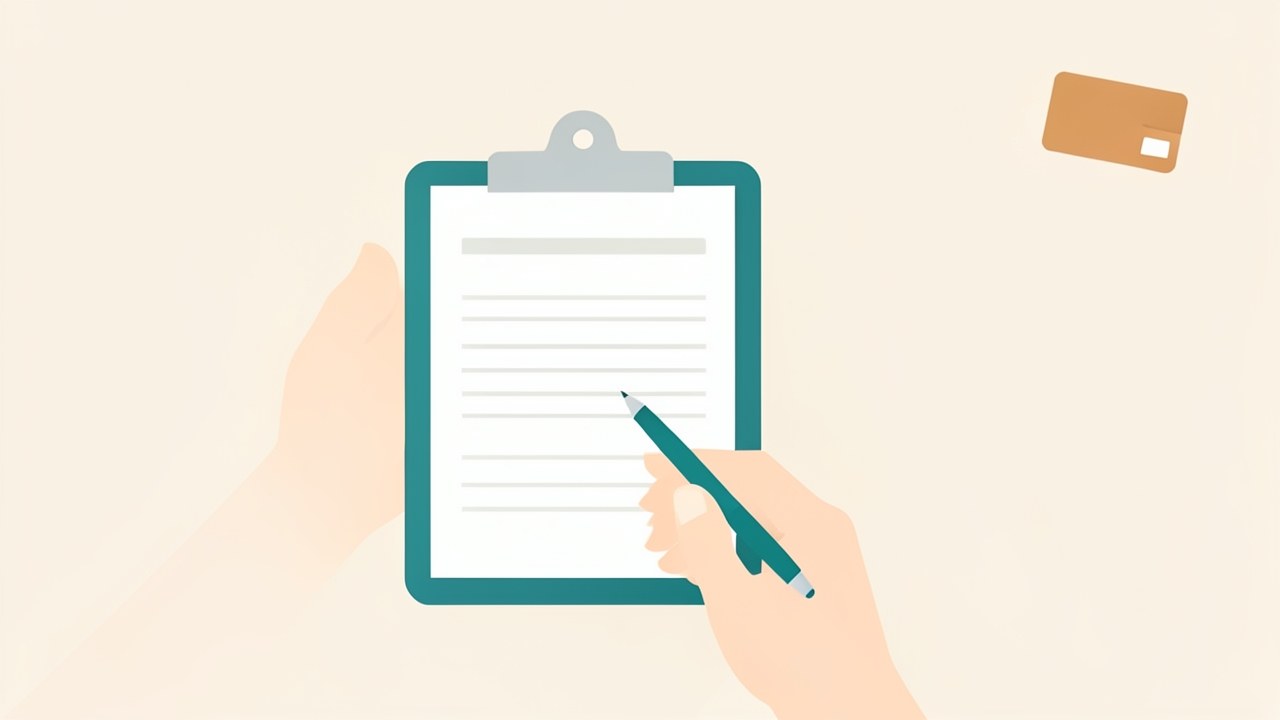 A stylized illustration of a hand holding a pen filling out an application form on a clipboard, with a credit card icon.
