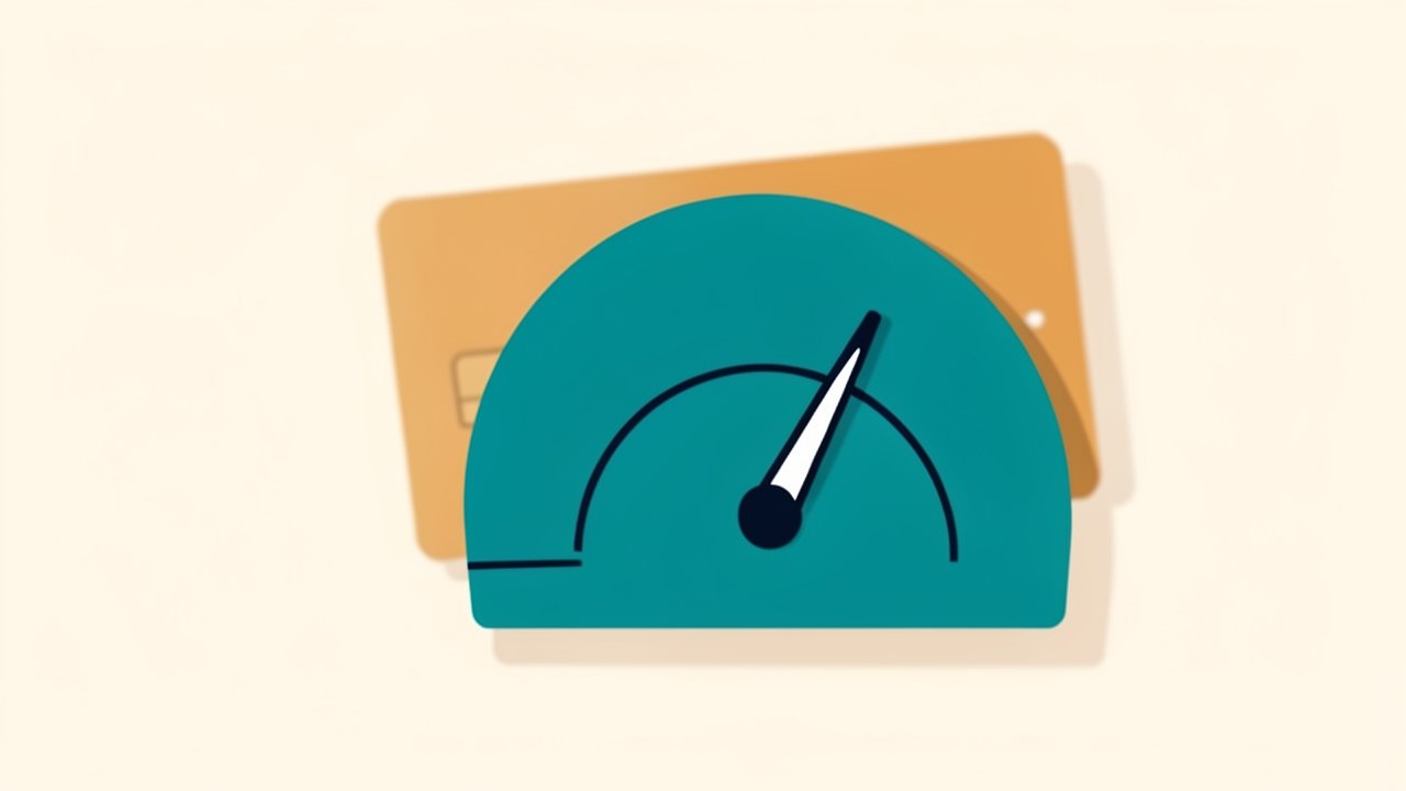 A stylized illustration of a credit score gauge with a pointer at a high level, and a credit card in the background.