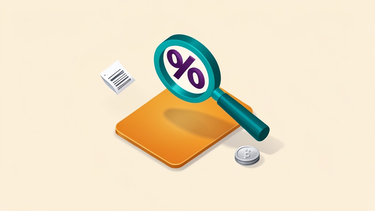 An isometric illustration of a credit card with a magnifying glass examining a percentage sign and a fee structure.