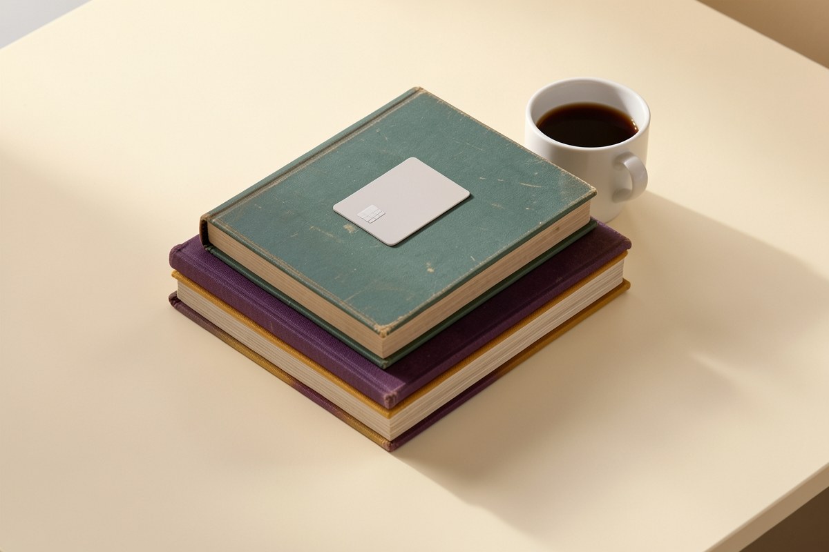 A stack of books and a coffee cup on a desk, with a small credit card icon, representing the team's research.