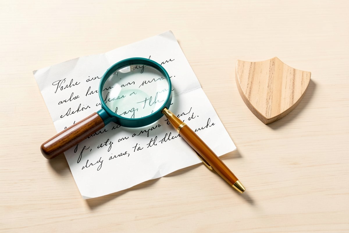 A document with a magnifying glass and a pen, along with a small shield icon, representing fact-checking and editorial standards.