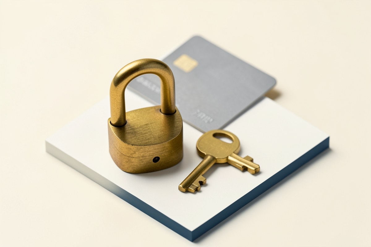A padlock and a key on a desk, with a small credit card icon, representing data security.