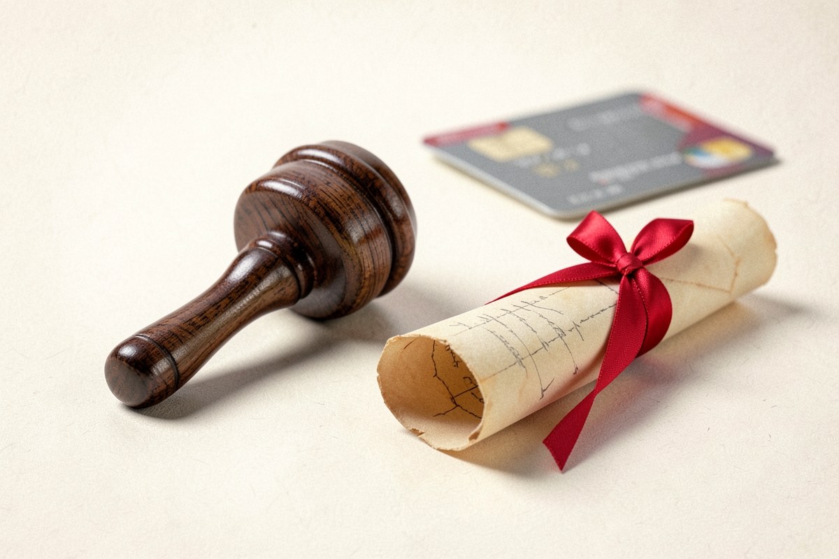 A gavel and a scroll with a credit card icon, representing legal terms and agreements.