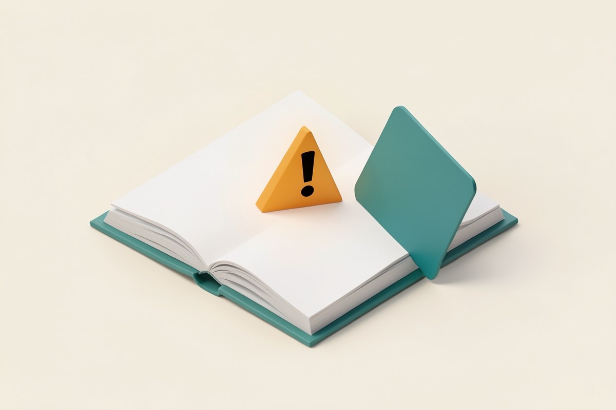An open book with a small warning triangle and a credit card icon, representing educational information.