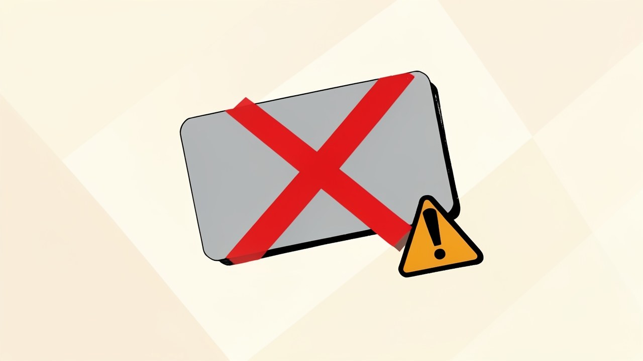 A stylized illustration of a credit card with a red 'X' mark and a small warning sign, symbolizing common mistakes.